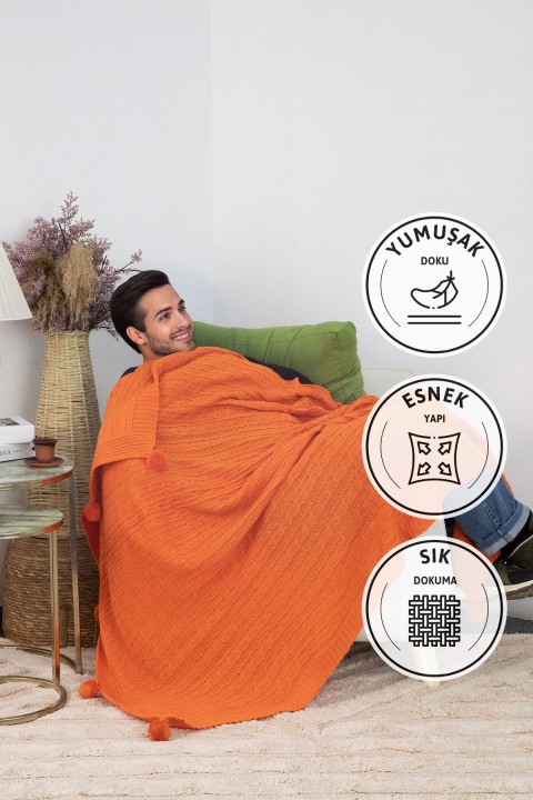 Biocotton Triko Ponponlu Tv Battaniyesi - Turuncu