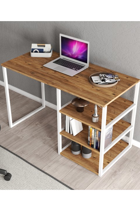 Favora Dunga Raflı Metal Ayaklı Çalışma Masası - Atlantik Çam - Beyaz
