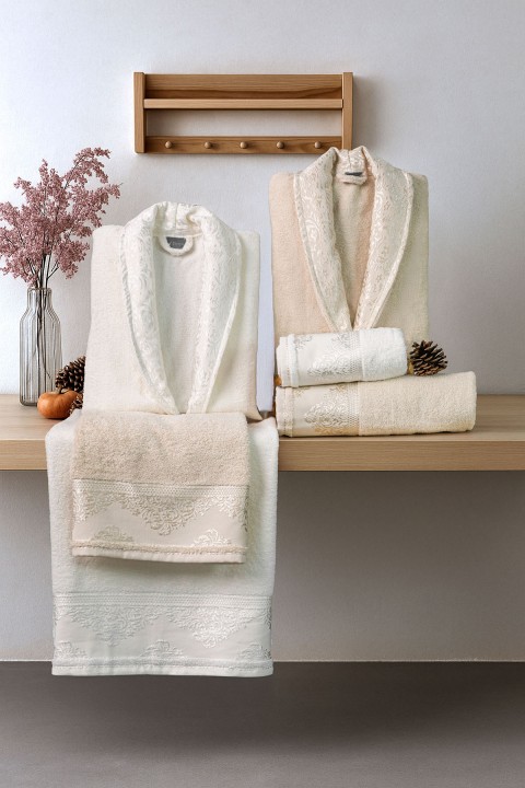 Favora Velora Deluxe %100 Pamuk Bornoz Seti - Bej - Krem