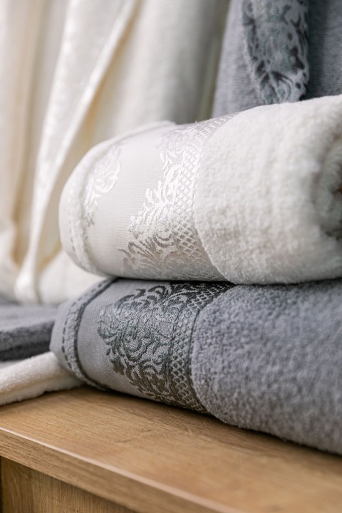 Favora Velora Deluxe %100 Pamuk Bornoz Seti - Krem - Gri