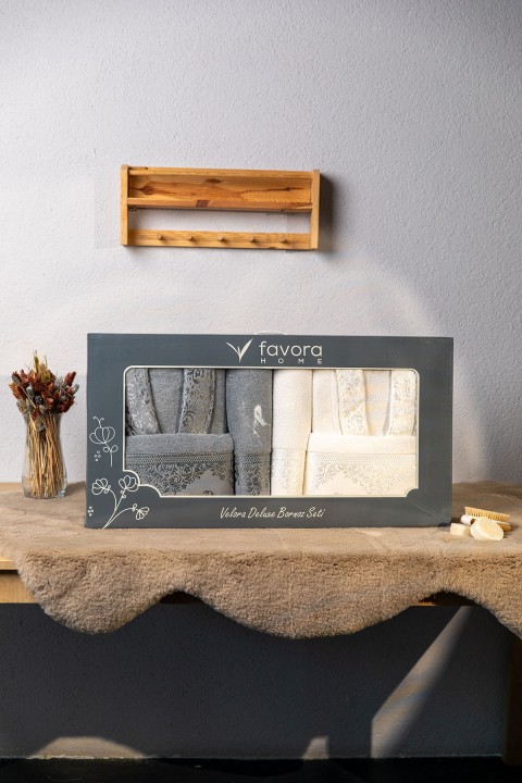 Favora Velora Deluxe %100 Pamuk Bornoz Seti - Krem - Gri