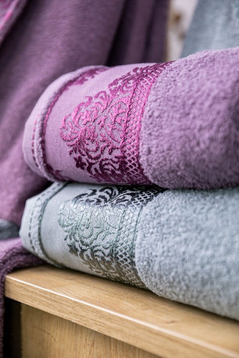 Favora Velora Deluxe %100 Pamuk Bornoz Seti - Mürdüm - Antrasit