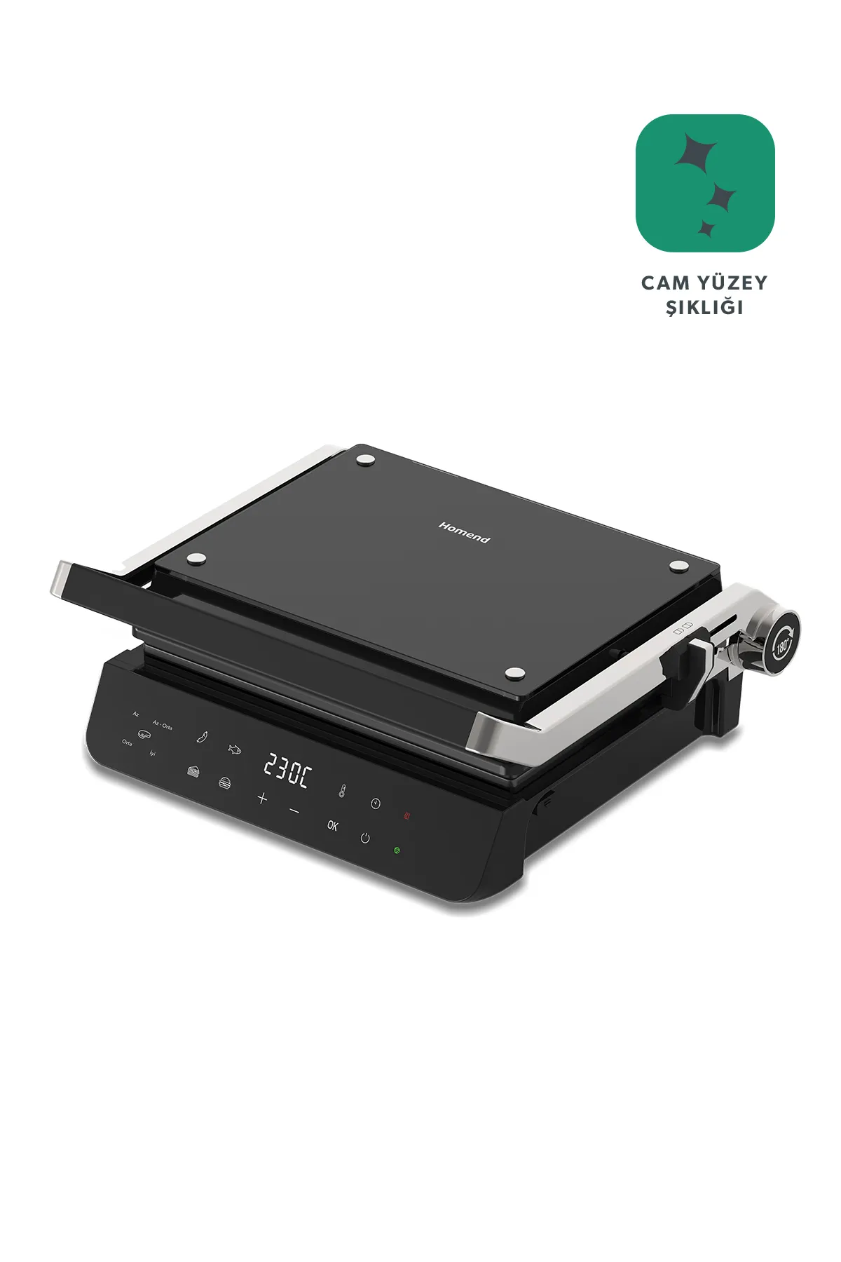 Homend Grilliant 1343H Cam Yüzeyli, Döküm Plakalı, Ledli Konuşan Tost ve Izgara Makinesi
