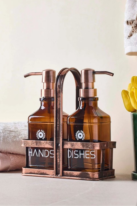 Perotti 18053 Rame Eskitme Metal Standlı Retro 2'li Kare Sıvı Sabunluk 500 ml - Amber 