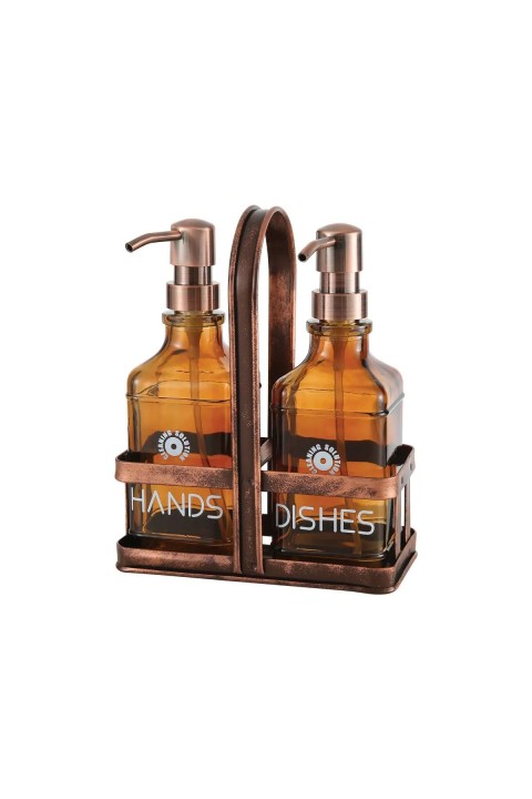 Perotti 18053 Rame Eskitme Metal Standlı Retro 2'li Kare Sıvı Sabunluk 500 ml - Amber 