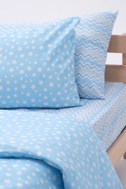 Star Lastikli Çarşaflı Pamuklu Tek Kişilik Nevresim - Mavi