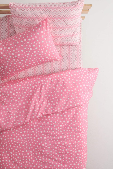 Star Lastikli Çarşaflı Pamuklu Tek Kişilik Nevresim - Pembe