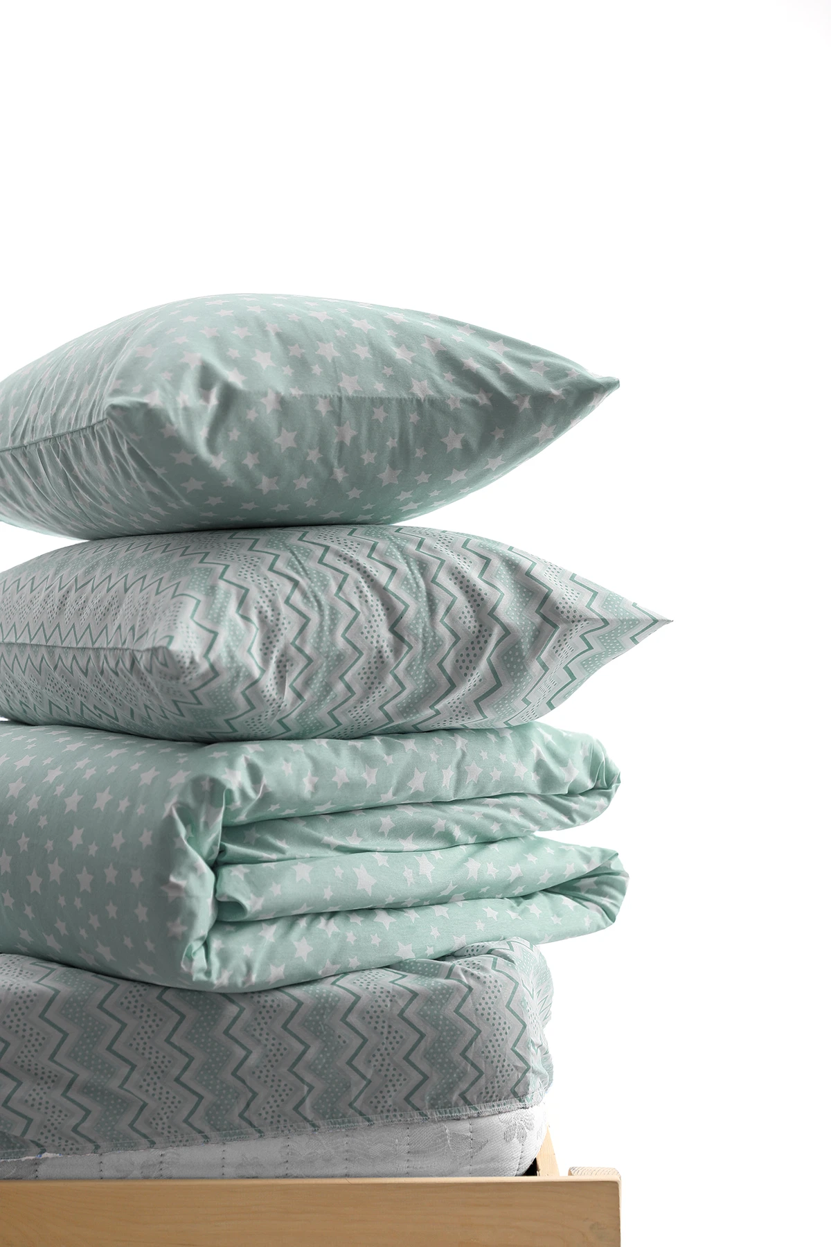 Star Lastikli Çarşaflı Pamuklu Tek Kişilik Nevresim - Yeşil