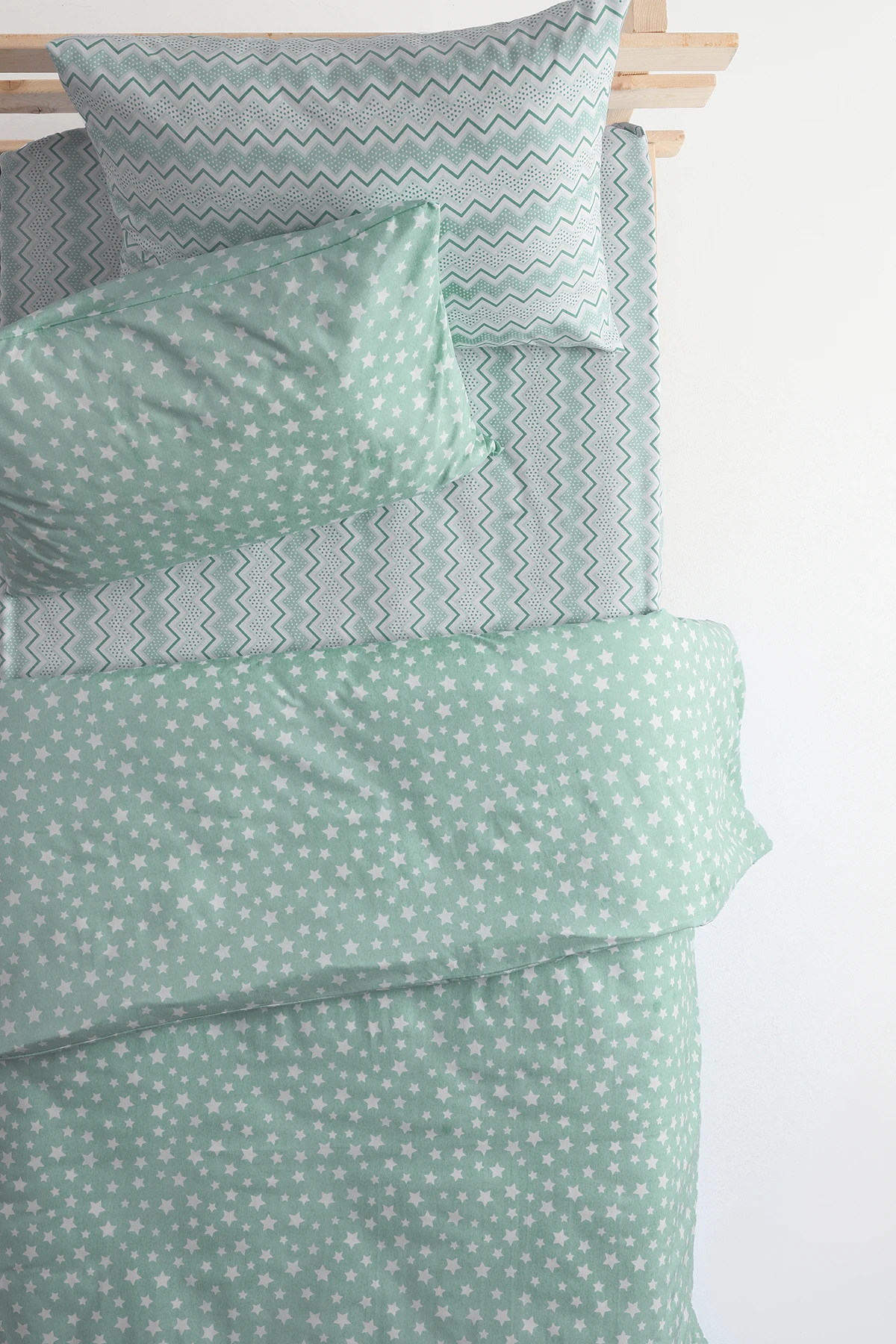 Star Lastikli Çarşaflı Pamuklu Tek Kişilik Nevresim - Yeşil