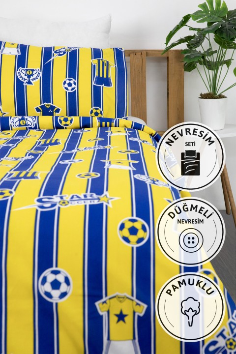 Taraftar Pamuklu Ranforce Tek Kişilik Nevresim Seti - Sarı - Lacivert