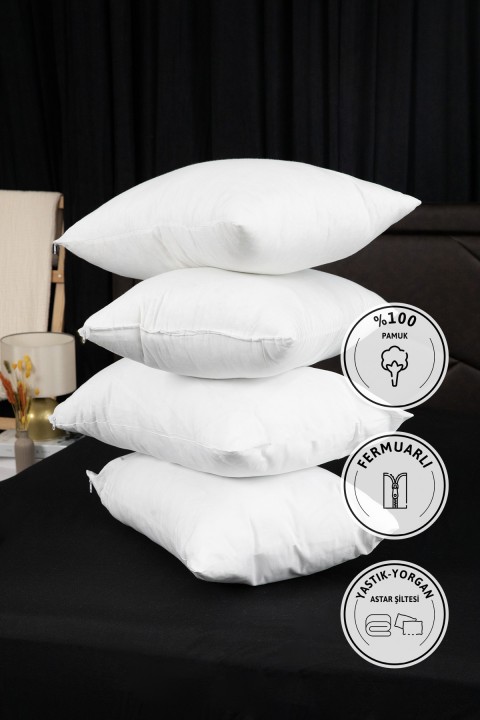 Yastık Astar Şiltesi %100 Pamuk Fermuarlı Yastık İç Kılıfı 4 Adet - Beyaz