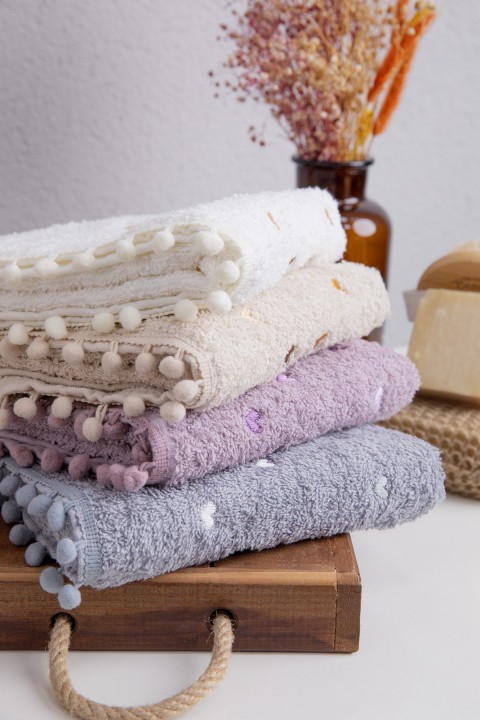 Yoncagül Ponponlu 4lü El Yüz Havlusu - Krem - Gri