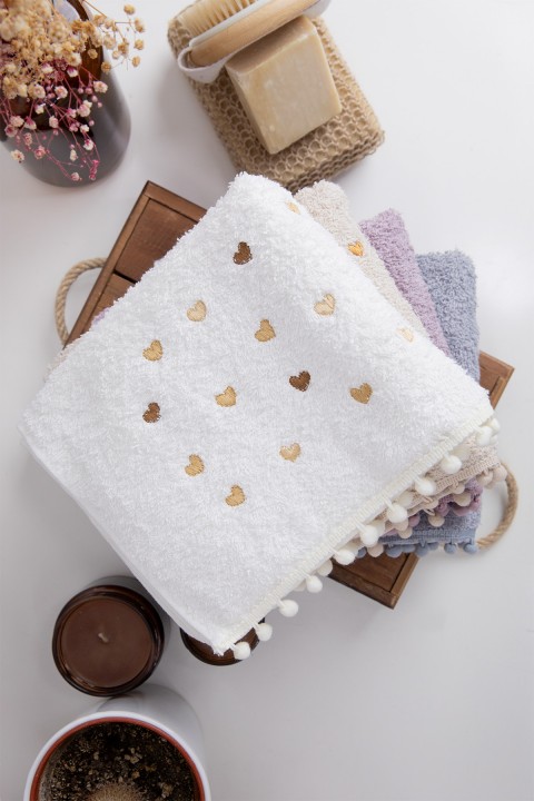 Yoncagül Ponponlu 4lü El Yüz Havlusu - Krem - Gri