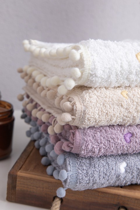 Yoncagül Ponponlu 4lü El Yüz Havlusu - Krem - Gri