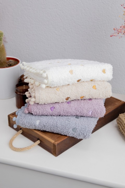 Yoncagül Ponponlu 4lü El Yüz Havlusu - Krem - Gri