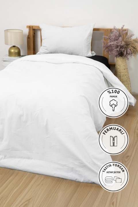 Yorgan Astar Şiltesi %100 Pamuk Tek Kişilik Fermuarlı Yorgan Yastık İç Kılıfı 160x220 - Beyaz