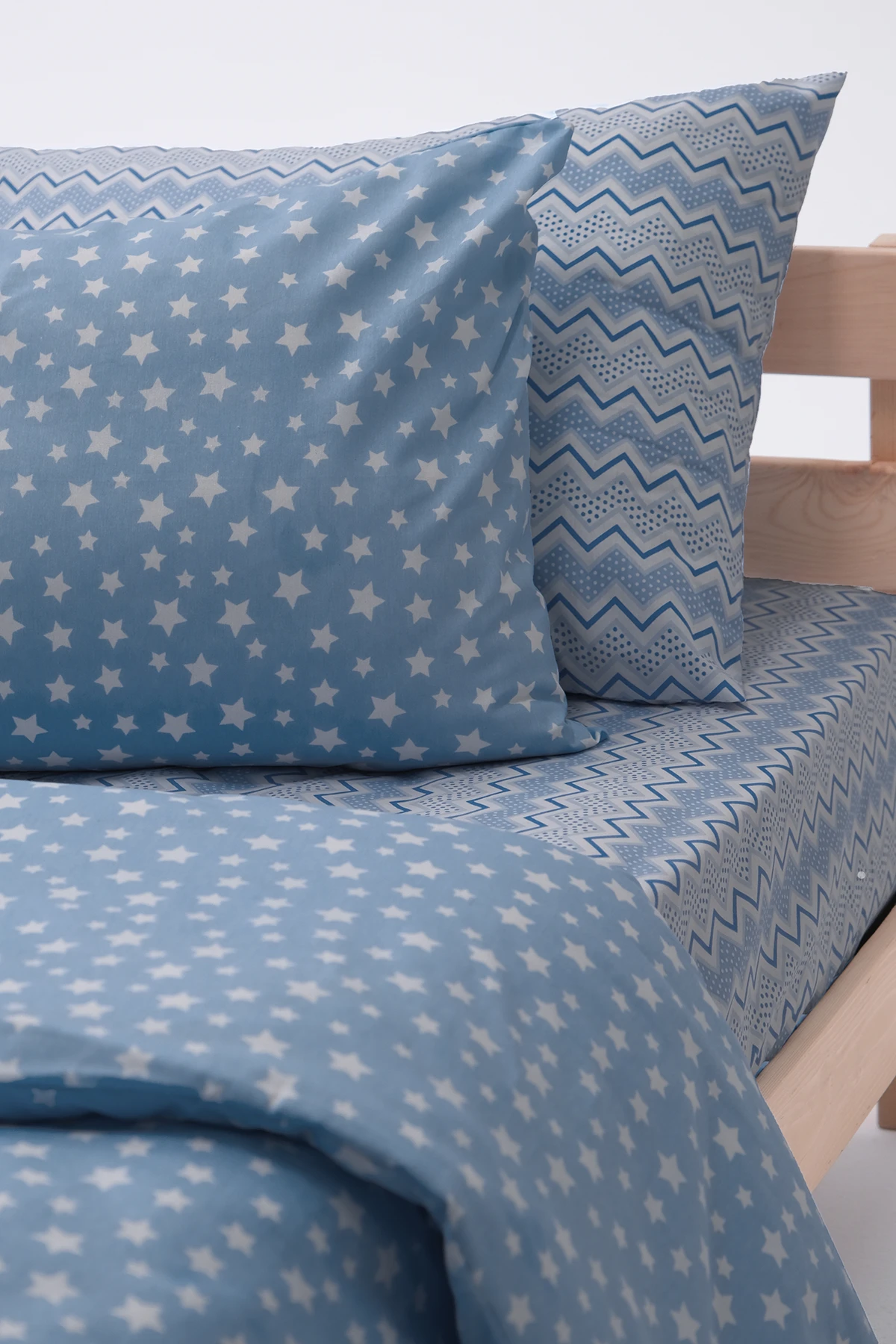 Star Lastikli Çarşaflı Pamuklu Tek Kişilik Nevresim - İndigo