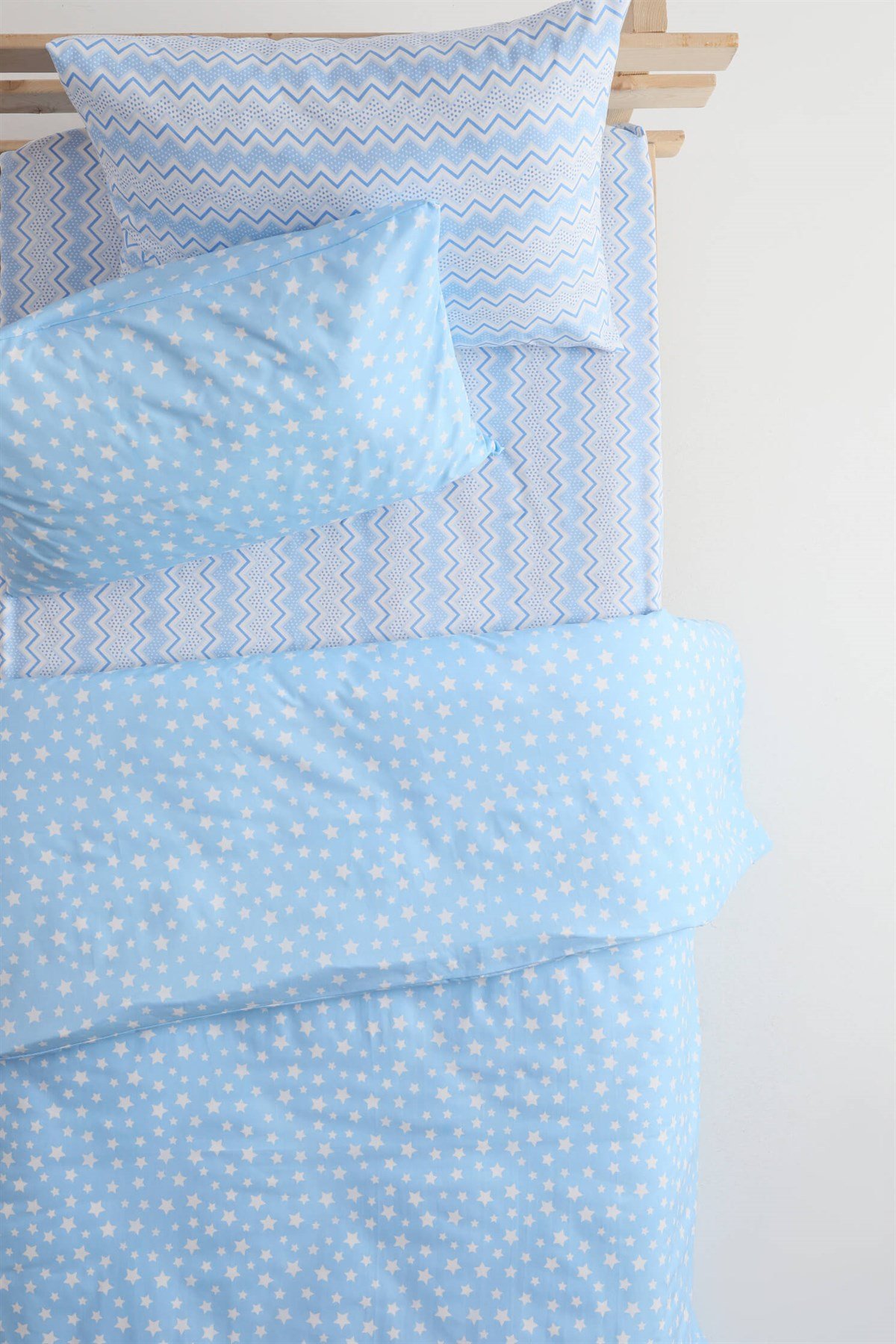 Star Lastikli Çarşaflı Pamuklu Tek Kişilik Nevresim - Mavi