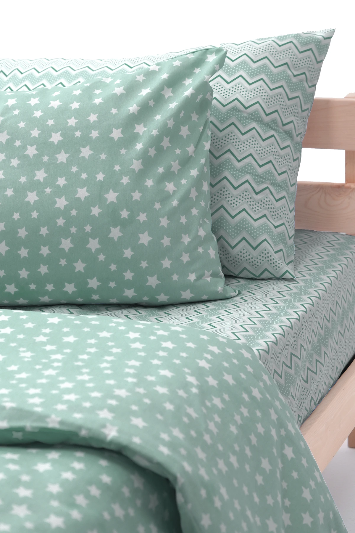 Star Lastikli Çarşaflı Pamuklu Tek Kişilik Nevresim - Yeşil