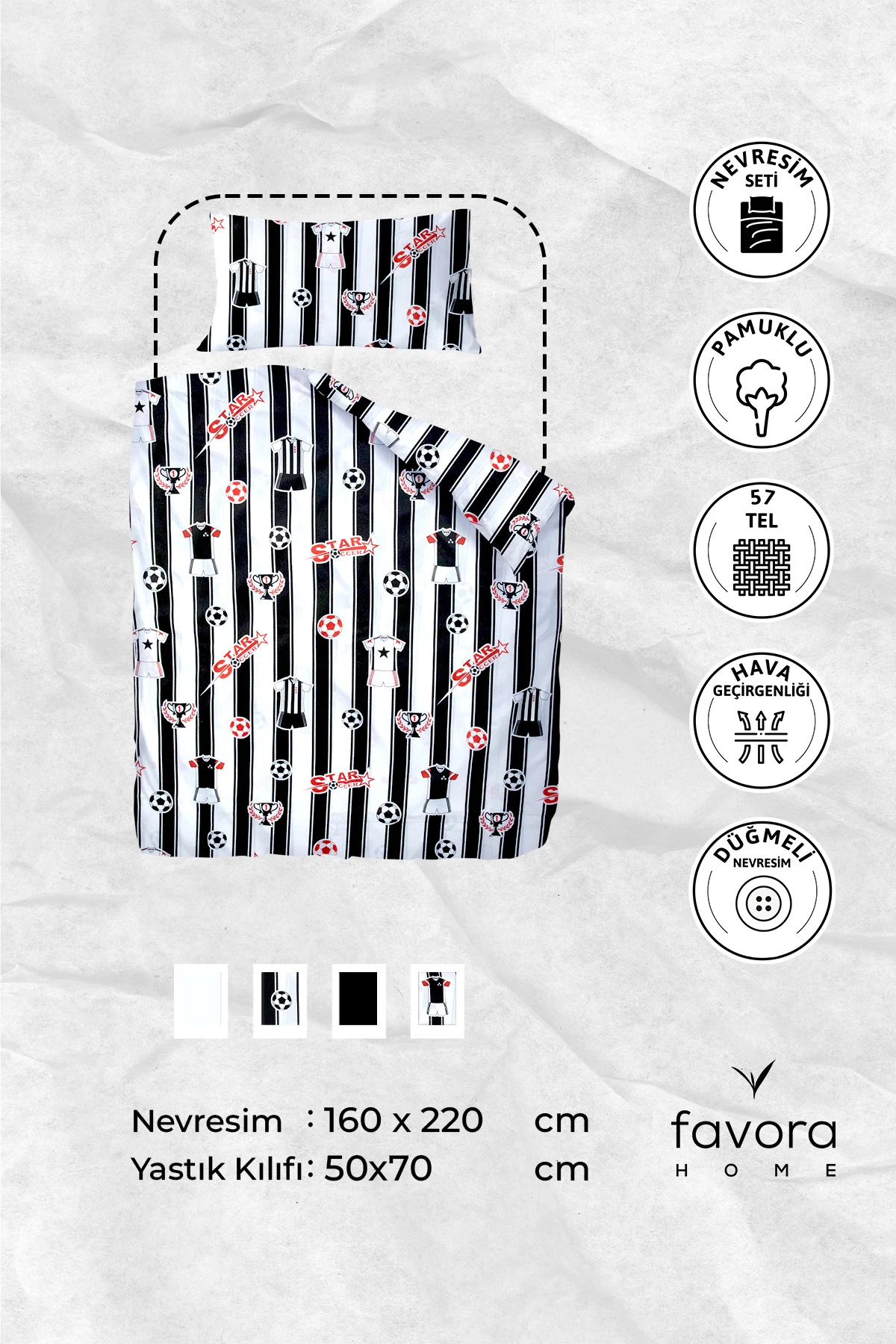 Taraftar Pamuklu Ranforce Tek Kişilik Nevresim Seti - Siyah - Beyaz